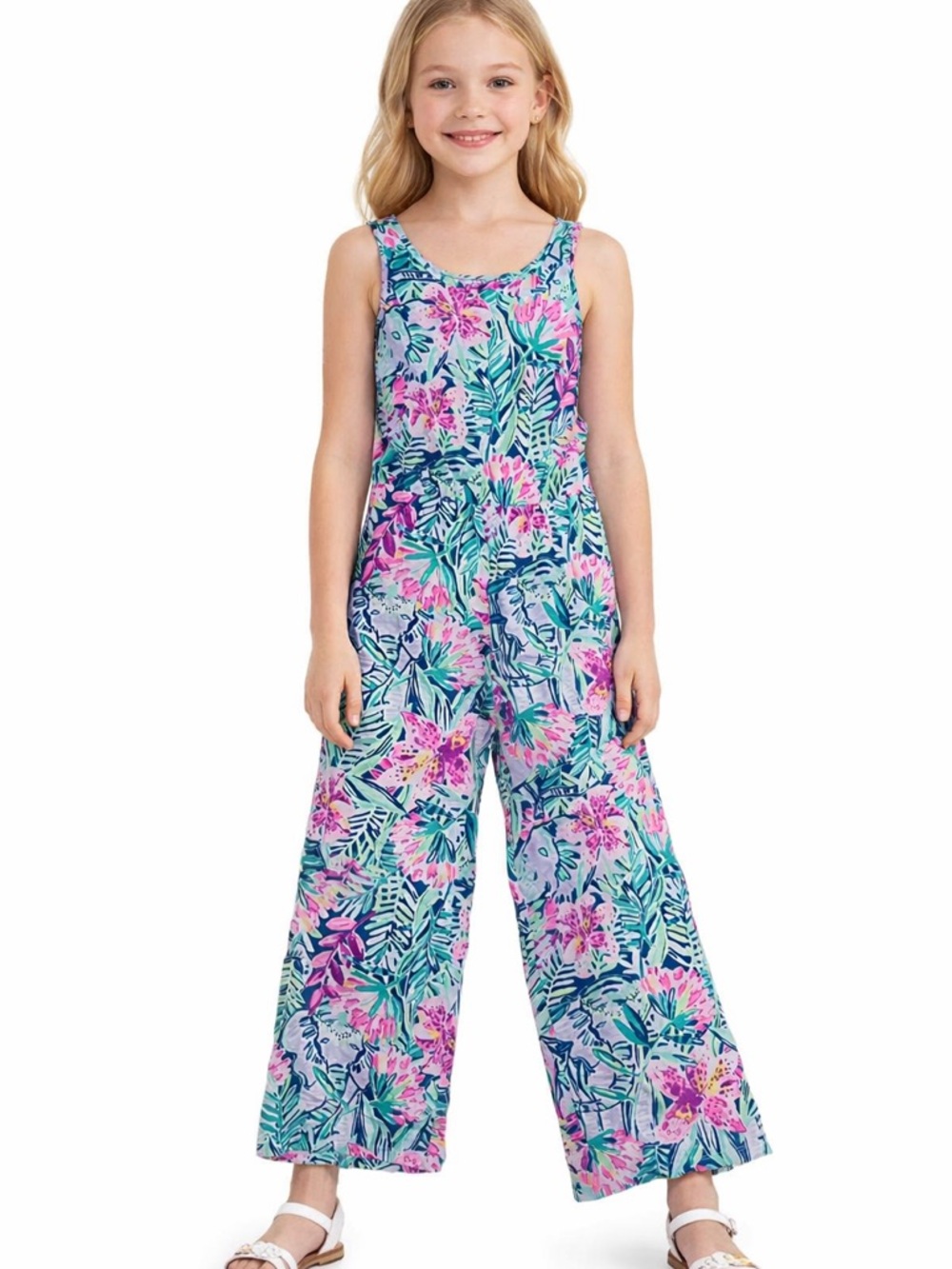 Lilly Pulitzer Girls Tropical Floral Wide-Leg Romper - Pink & Blue